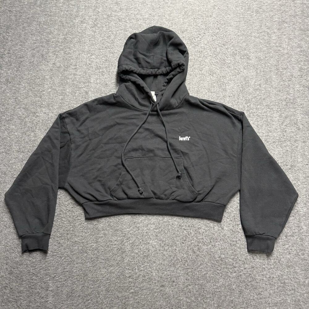 Levi’s Cropped Hoodie Hooded Sweatshirt Women's Large Black Long Sleeve Pocket